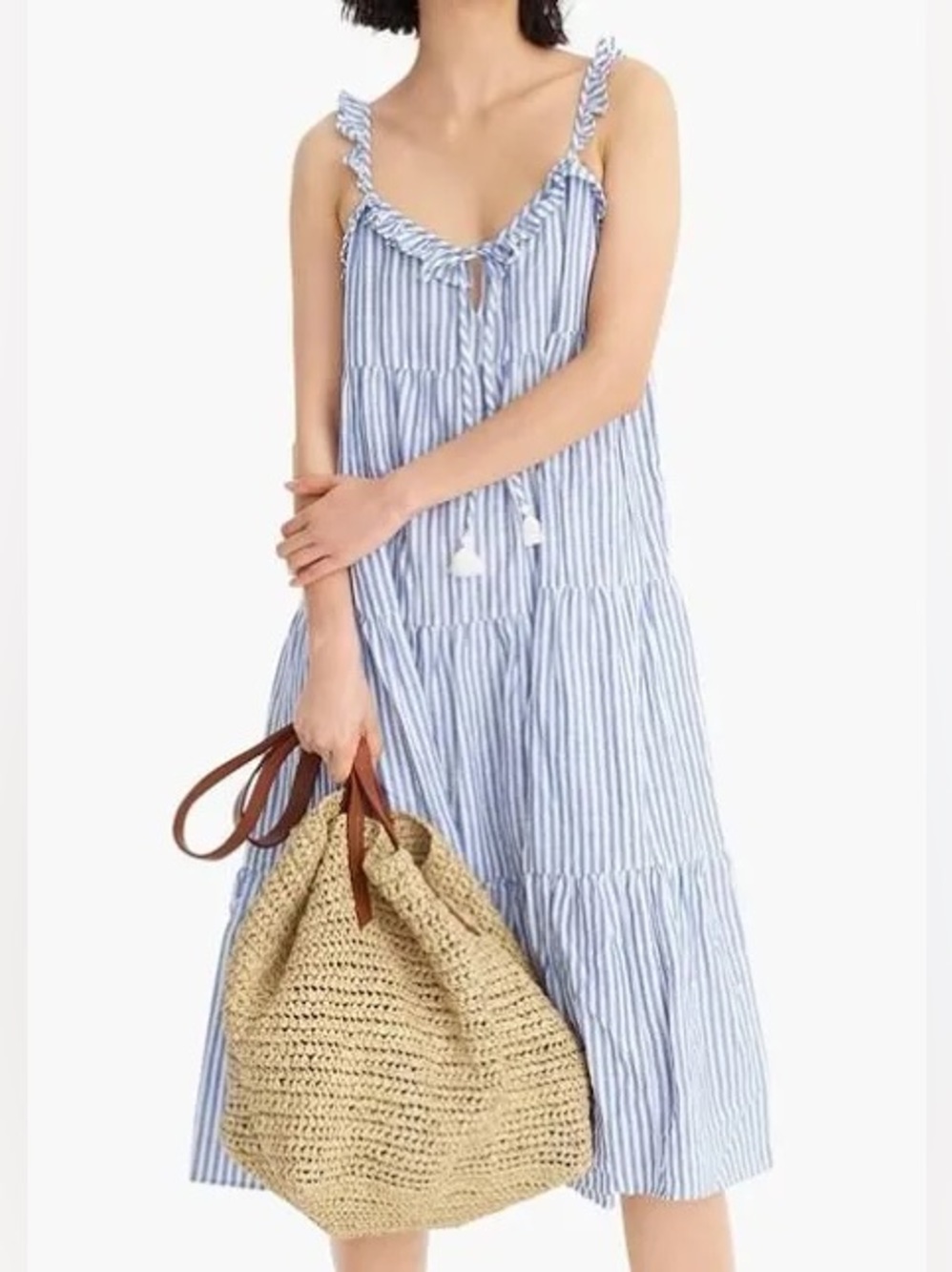 J.Crew Sophie Tiered Midi Dress Blue White Stripe Linen Blend Coastal Boho Xl